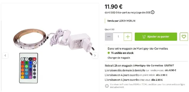 longueur de câble entre la prise et bouton poussoir Kit ruban LED 1.5m multicolore Réf 83771174