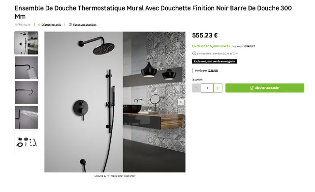 Ensemble douche thermostatique mural avec couchette finition noire5555,23 euros)